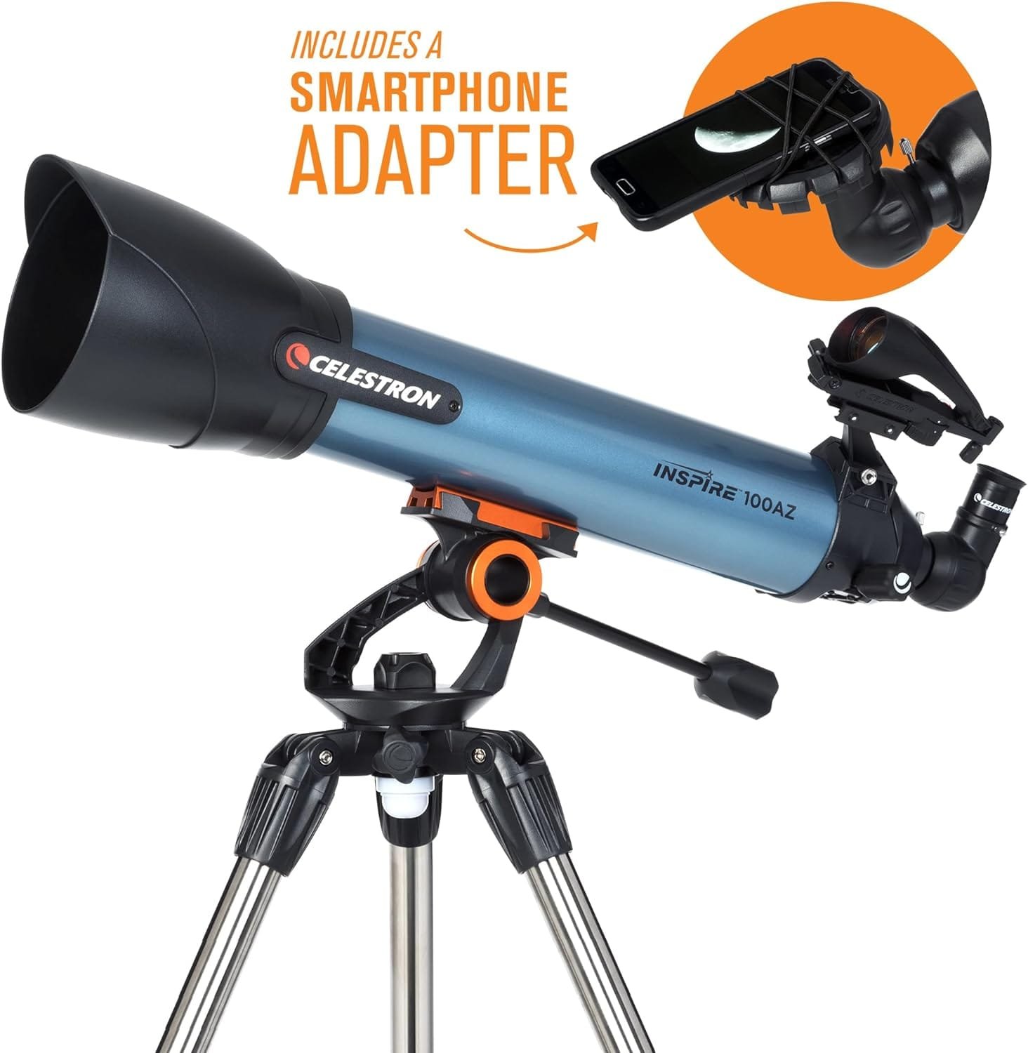 Blue Celestron Inspire 100AZ telescope on a tripod, featuring an orange accent and a smartphone adapter for added functionality.