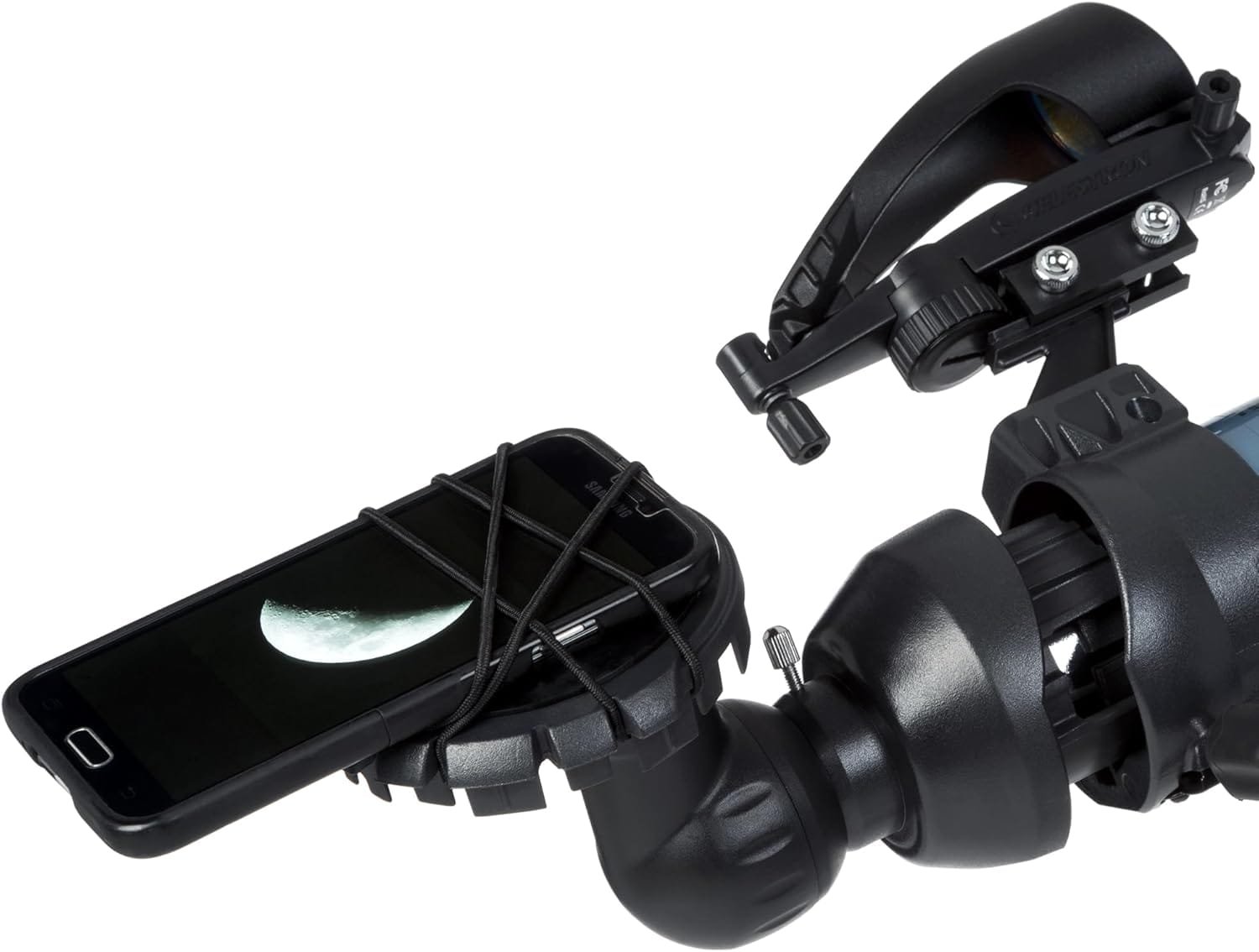 A smartphone is attached to a telescope, capturing an image of the moon.