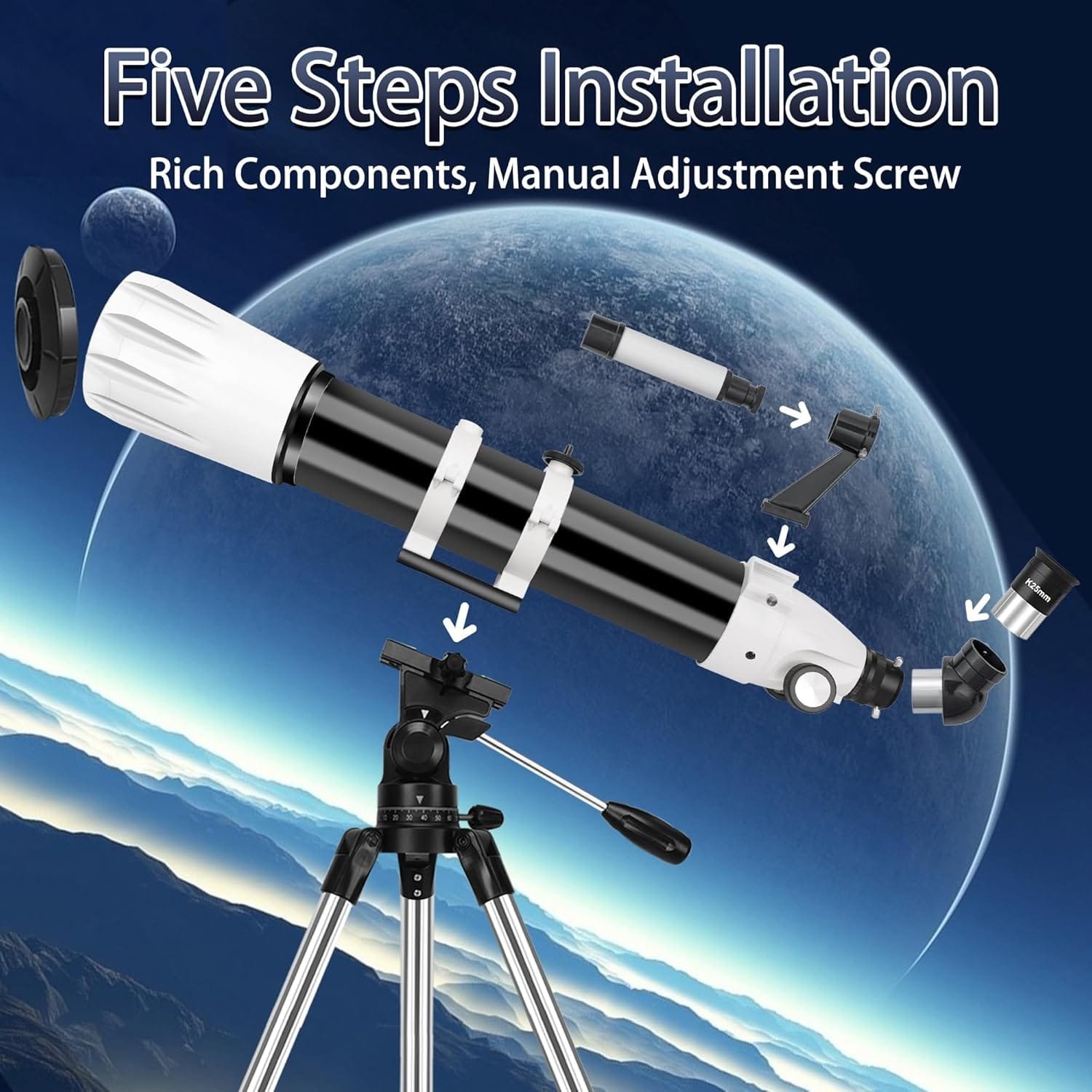 Telescope with five assembly steps shown, featuring components and manual adjustment screw, set against a space background.