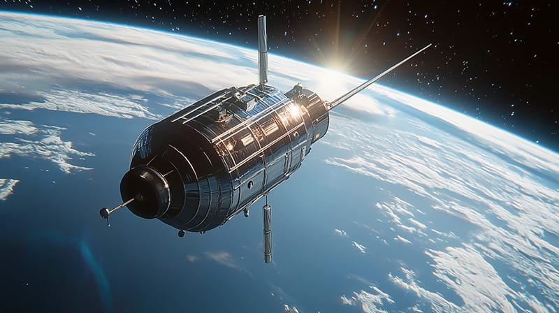 An explorer satellite orbits Earth, its solar panels extended gracefully against a backdrop of clouds and bright sunlight.