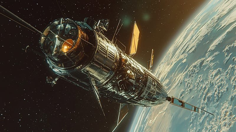 An explorer satellite with gleaming solar panels gracefully orbits above Earth, revealing the planet's vibrant surface and atmosphere below.