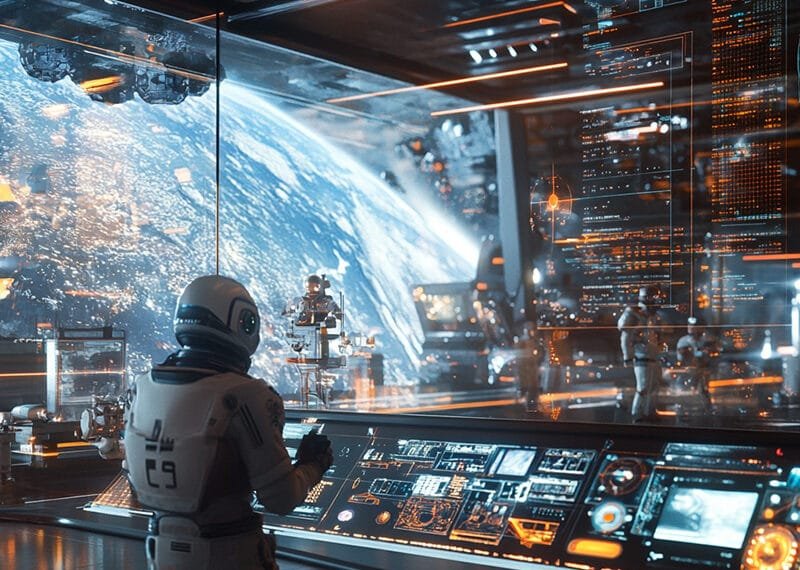 A person in a space suit observes a digital interface in a futuristic space station, embodying the spirit of space exploration with Earth visible outside. Various holographic displays and controls illuminate the station, guiding this cosmic voyager on their mission.