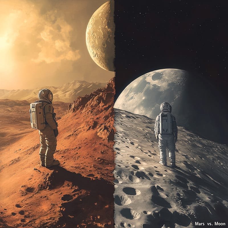 Astronaut stands on Mars, gazing at its rocky terrain, while another astronaut stands on the Moon, looking at Earth.