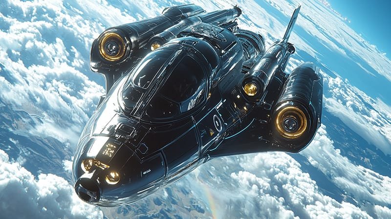 A sleek, futuristic black space plane with glowing engines soars gracefully above the clouds in a bright blue sky.