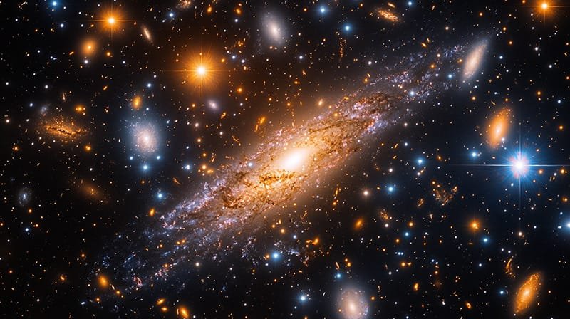 The colorful spiral galaxy, with its glowing stars and other galaxies in the backdrop, creates a stunning illustration of the dark expanse of space, inviting us to ponder what cosmology seeks to explain about our universe.