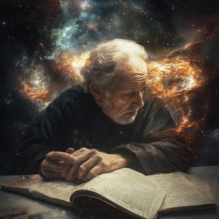 An elderly man with a thoughtful expression sits at a table with an open book, contemplating the mysteries of the universe, surrounded by a cosmic background of swirling galaxies and stars—a scene evocative of the cosmological argument.