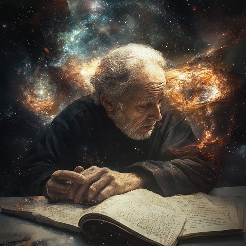 An elderly man with a thoughtful expression sits at a table with an open book, contemplating the mysteries of the universe, surrounded by a cosmic background of swirling galaxies and stars—a scene evocative of the cosmological argument.
