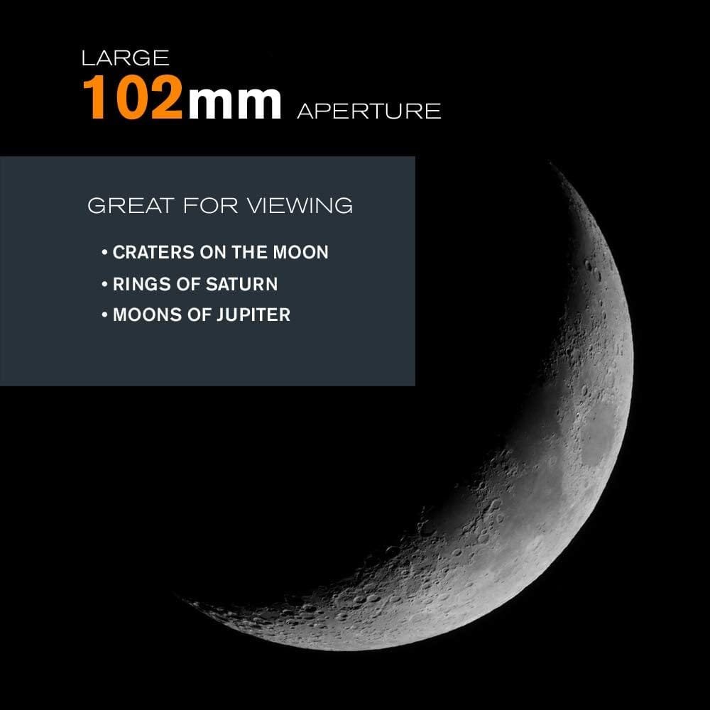 A telescope ad highlighting a crescent moon image. Text mentions "Large 102mm aperture" and lists features: "Craters on the Moon, Rings of Saturn, Moons of Jupiter.
