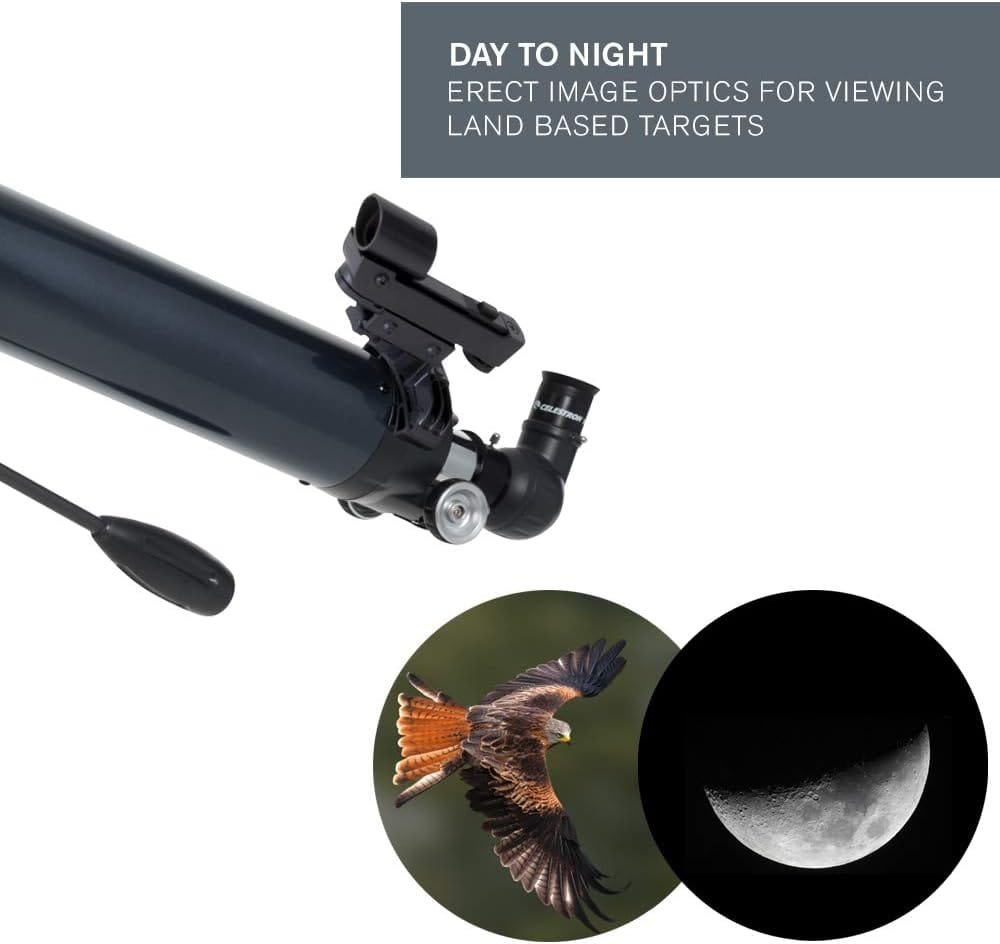 Telescope with erector lens, an image of a bird of prey in flight, and a photo of a crescent moon.