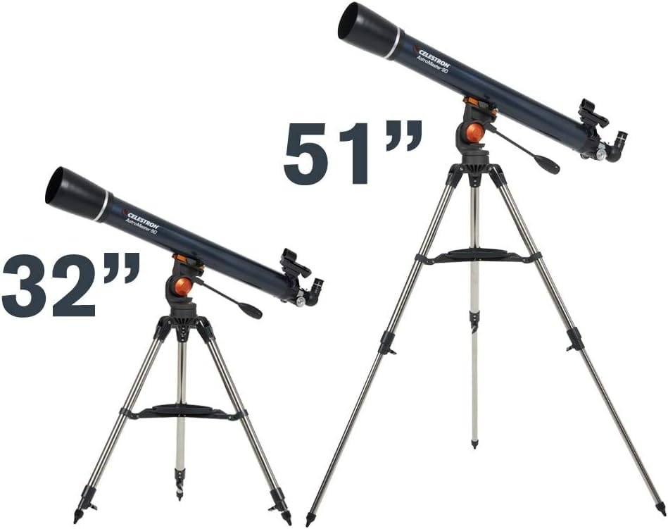 Two telescopes with tripods. The left telescope is 32 inches tall, and the right telescope is 51 inches tall.