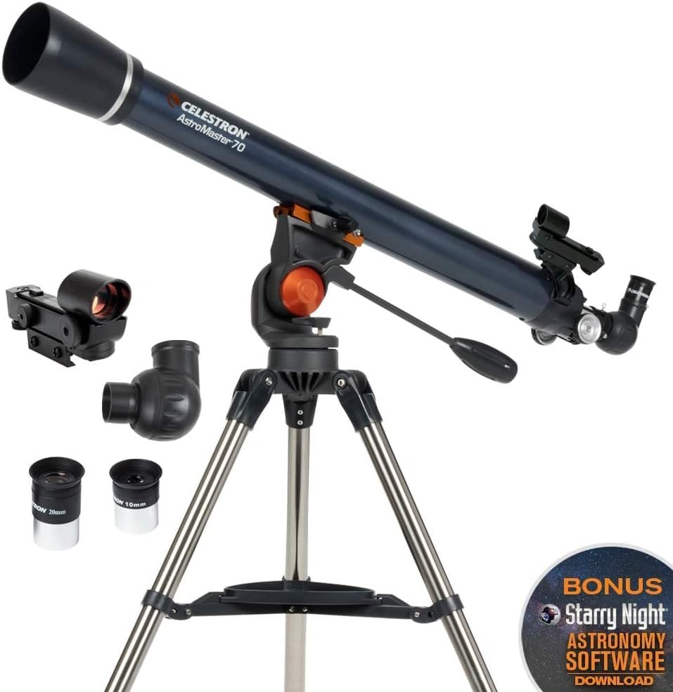 A Celestron AstroMaster 70 telescope on a tripod, with additional eyepieces and a finder scope. A sticker promotes "Bonus Starry Night Astronomy Software Download" on the bottom right.