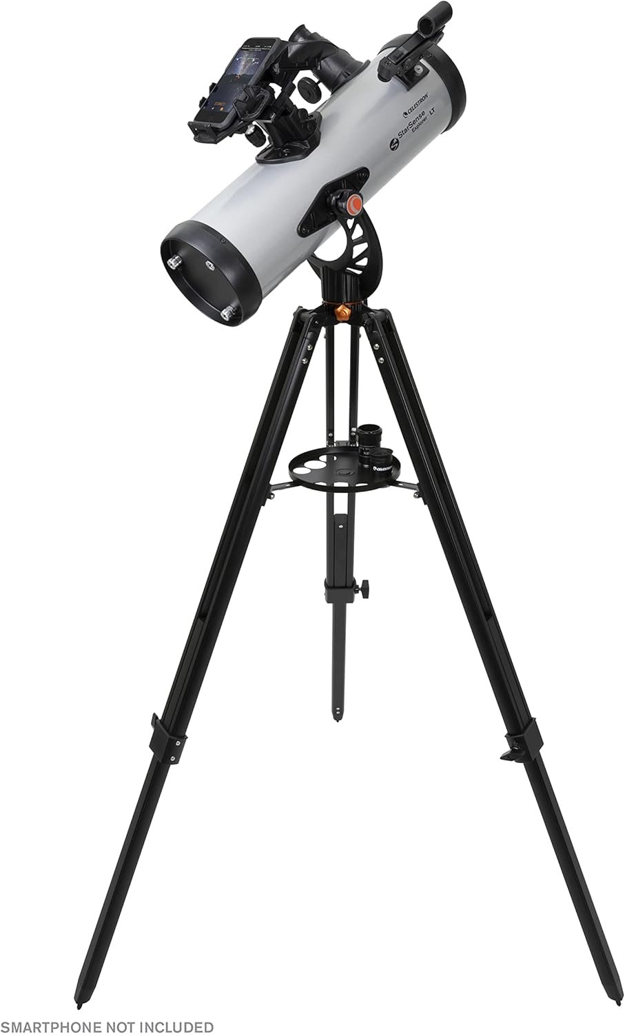 A telescope with a smartphone attachment on a tripod stand. The telescope is black and white with various adjustment knobs.