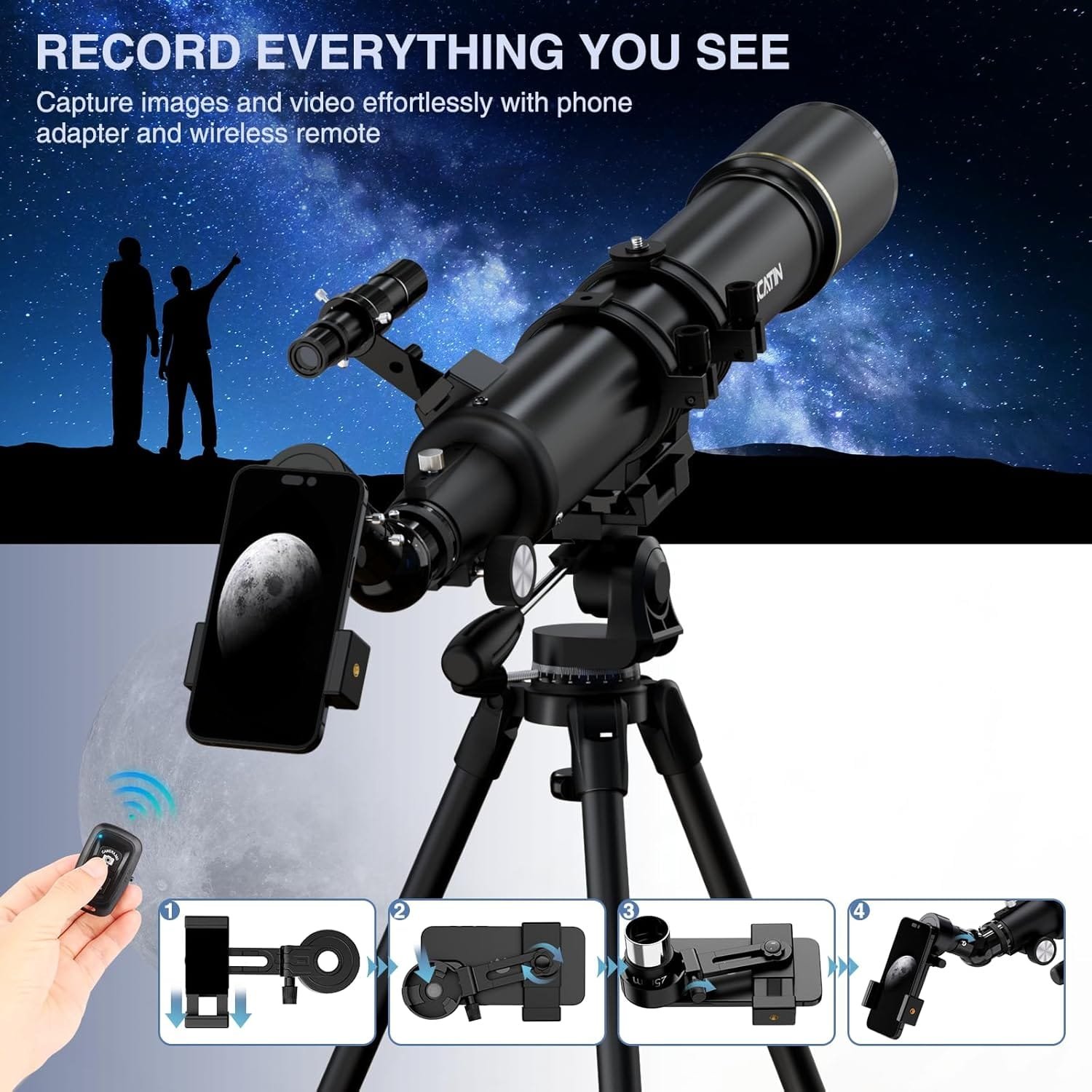 Telescope with smartphone adapter and wireless remote shown against a starry sky, featuring a moon image on the phone screen and detailed accessory views.