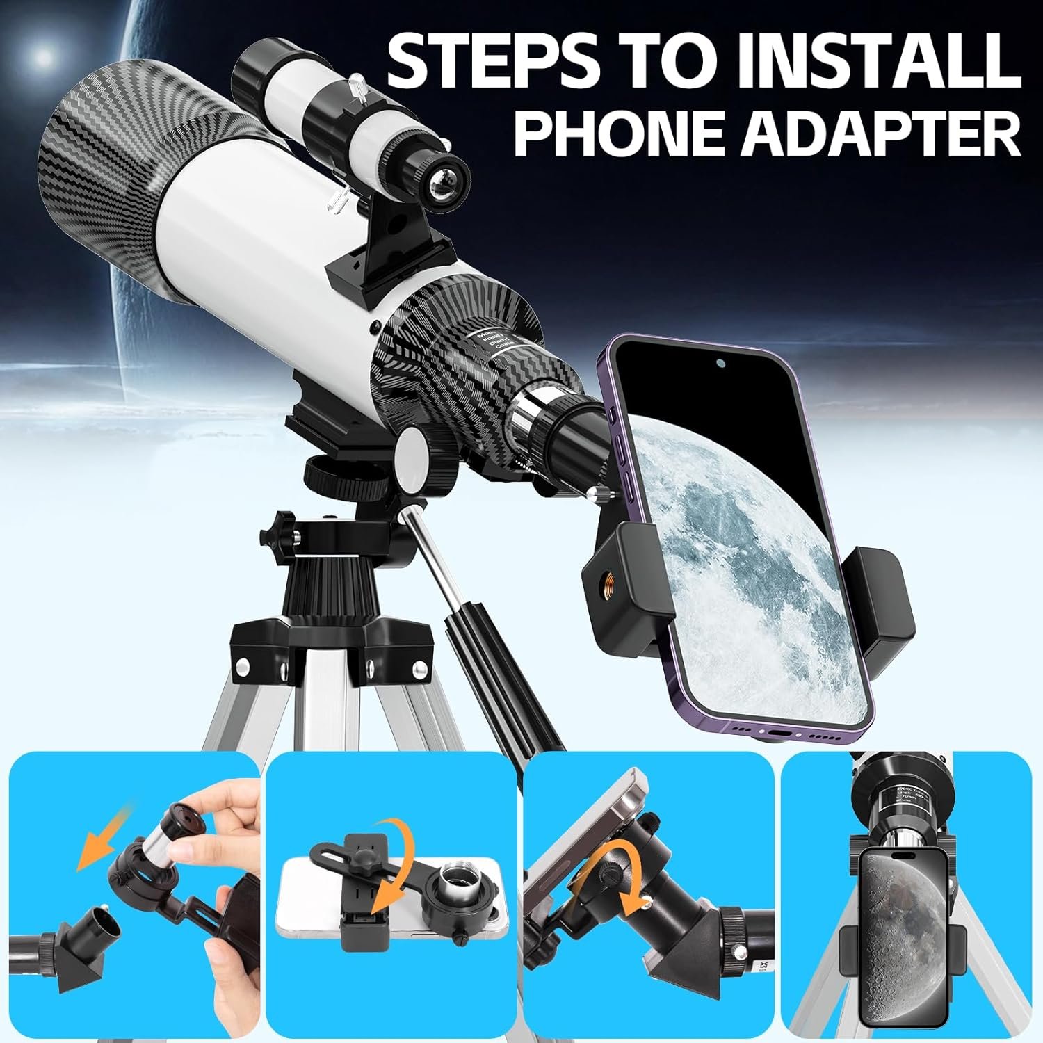 Telescope with phone adapter setup instructions. Steps show attaching the adapter to the telescope and phone, with the Moon visible on the phone screen.