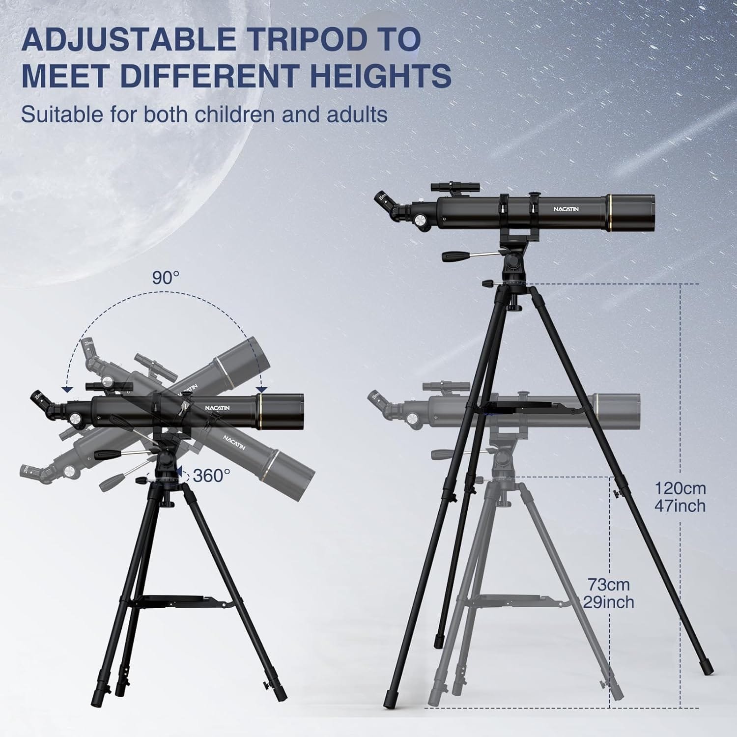 Telescope with adjustable tripod shown in two heights: 120 cm (47 inches) and 73 cm (29 inches). Includes diagrams of 90° vertical and 360° horizontal rotation. Suitable for all ages.