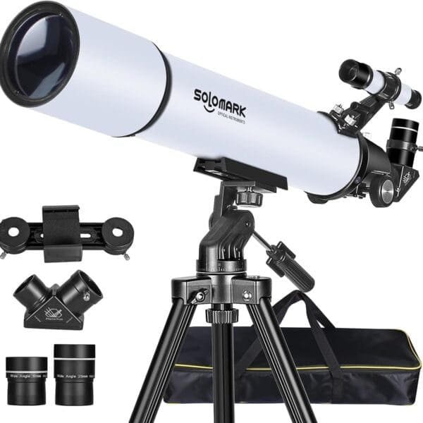A white telescope with a tripod stand, focusing knobs, and two eyepieces next to it, accompanied by a black carrying case.