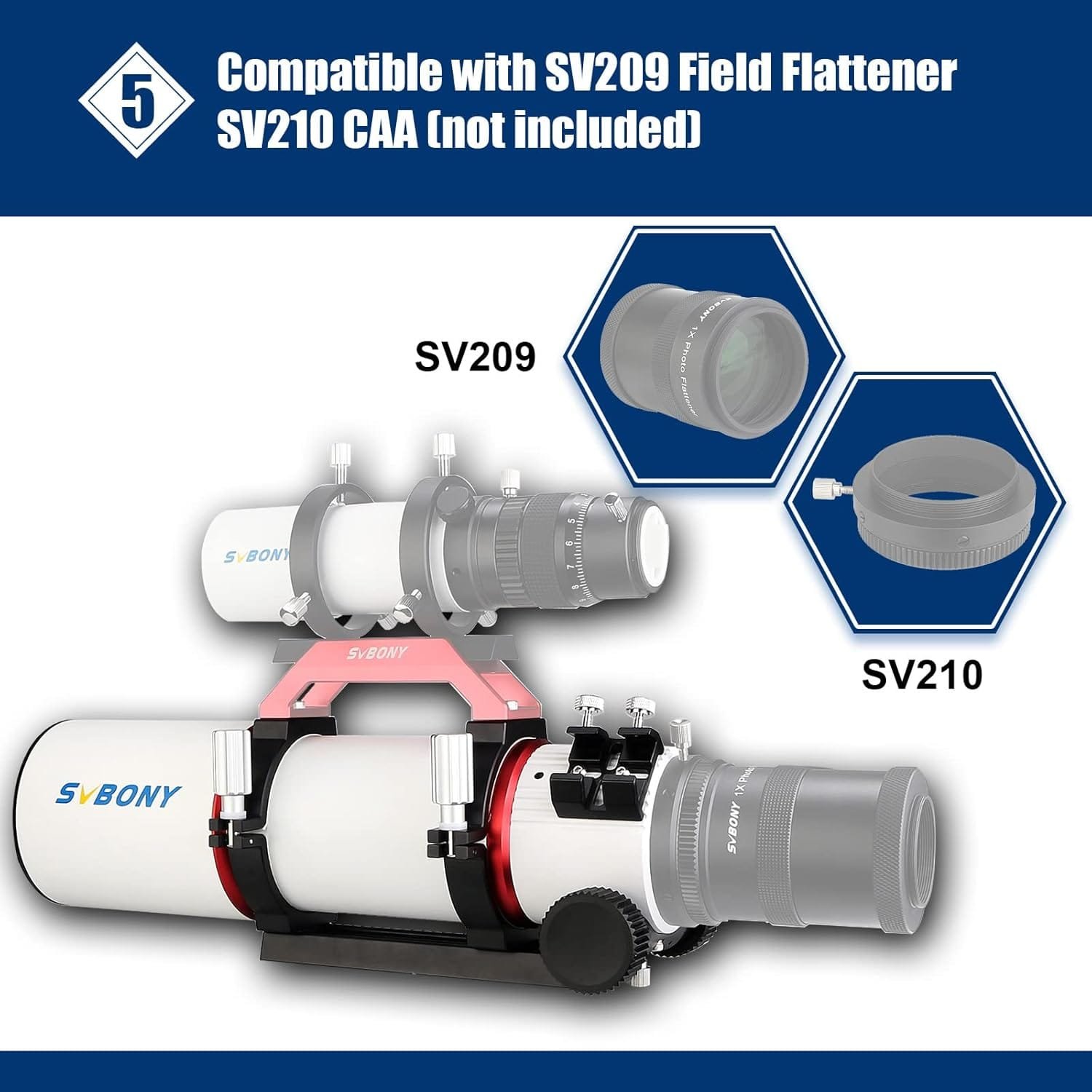 Telescope with SV209 Field Flattener and SV210 CAA accessories pictured. Text notes compatibility with these accessories, though SV210 CAA is not included.