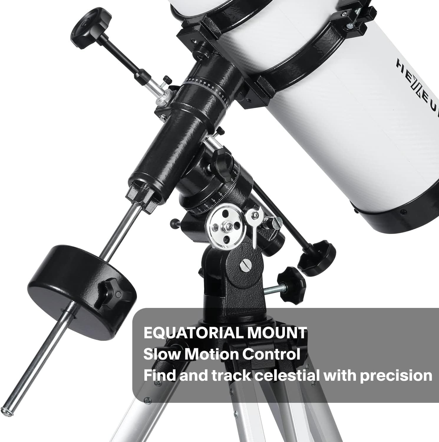 Close-up of an equatorial mount telescope with slow motion control. The image highlights the precision tracking capabilities for observing celestial objects.