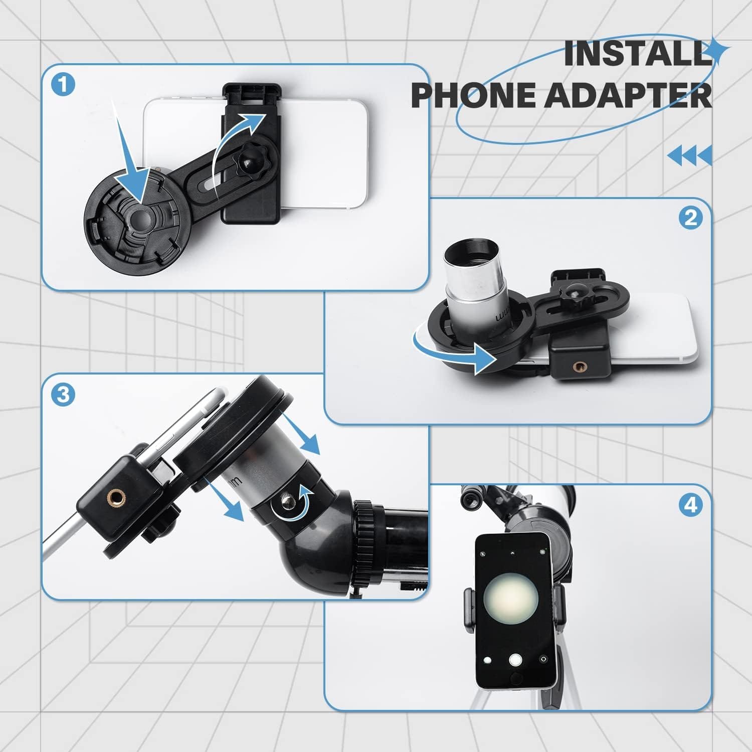 Step-by-step guide to installing a phone adapter on a telescope: 1. Attach adapter to phone. 2. Connect to telescope eyepiece. 3. Secure adapter. 4. Display with phone view through telescope.