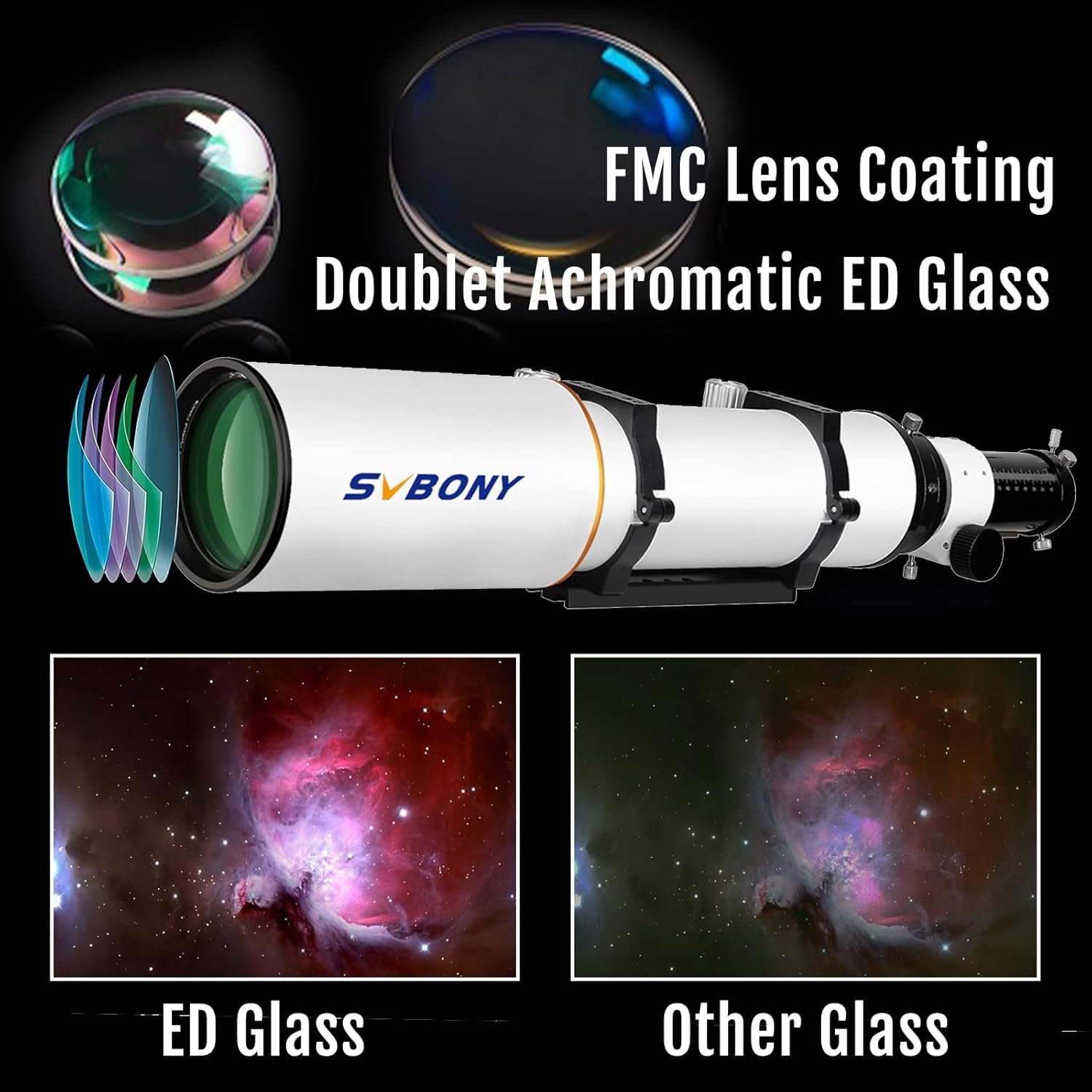 Telescope with FMC lens coating and doublet achromatic ED glass, showing comparison images of celestial objects through ED glass versus other glass.