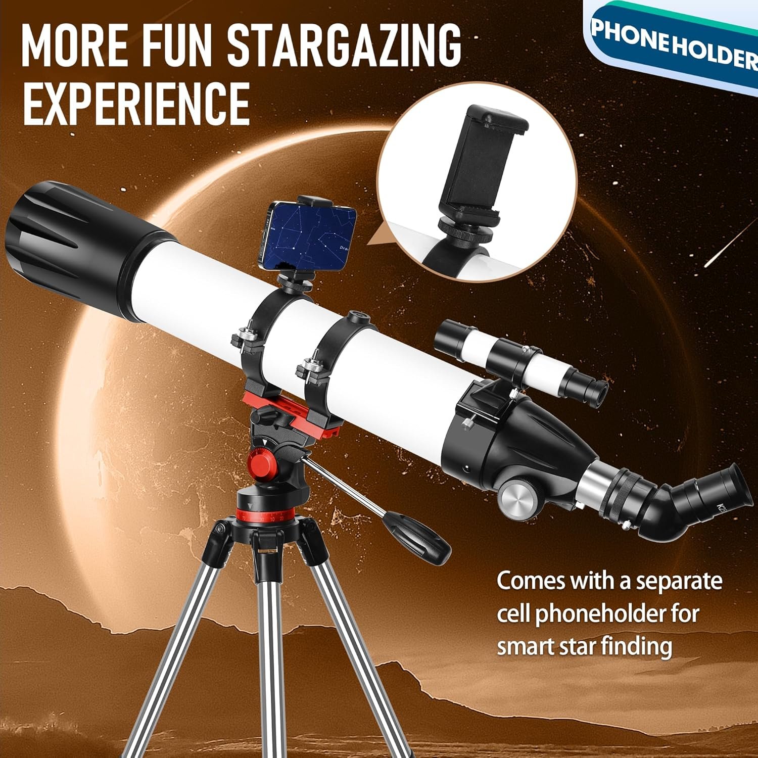Telescope with a phone holder and eyepiece on a tripod, set against a backdrop of space, with text: "More Fun Stargazing Experience.