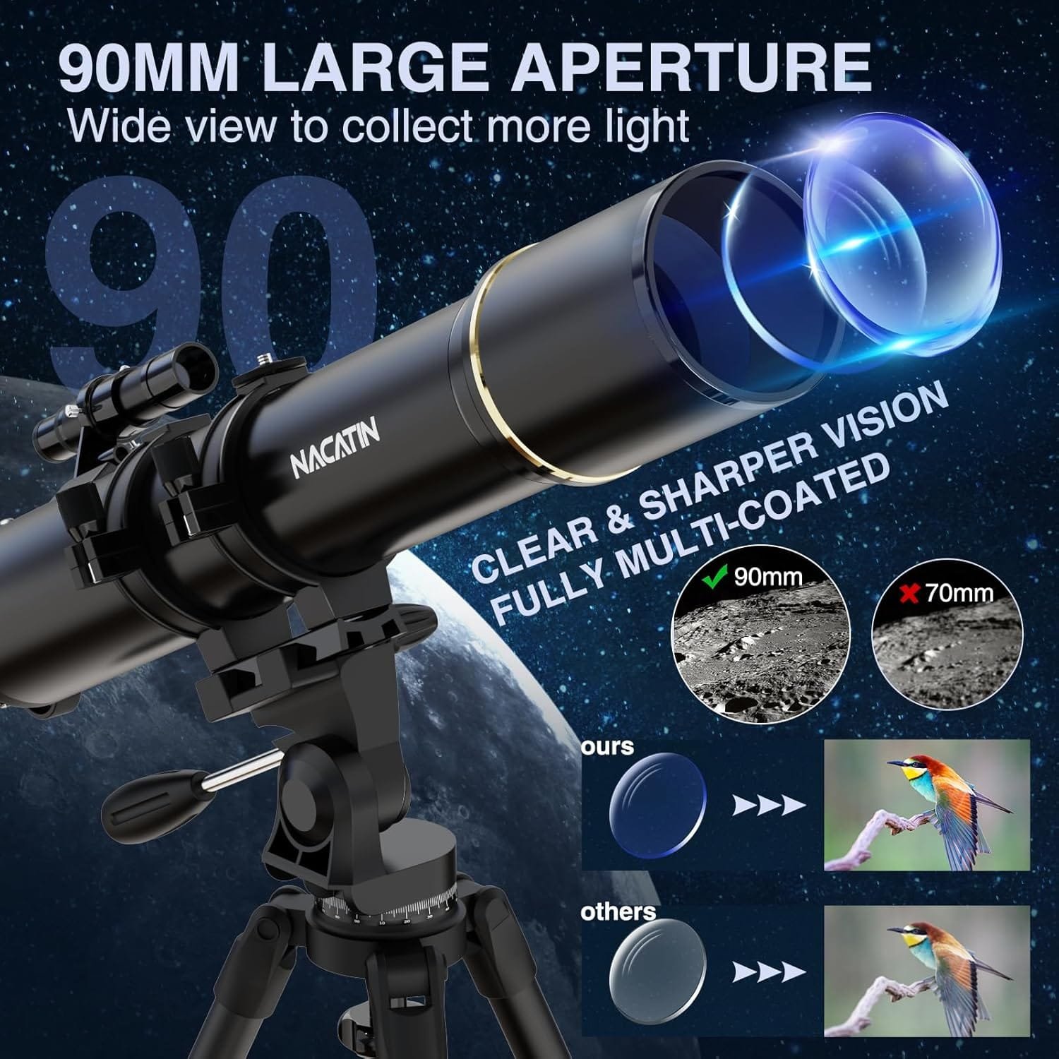 NACATIN 90mm Aperture Telescope with 3X Barlow Lens, 32x-240x Magnification