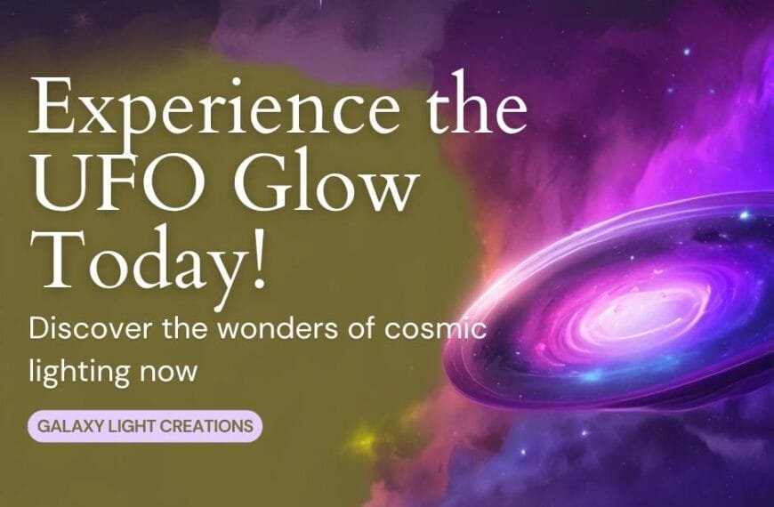 Experience a purple and pink cosmic swirl inspired by the James Webb Space Telescope, featuring text promoting UFO Glow lighting by Galaxy Light Creations.