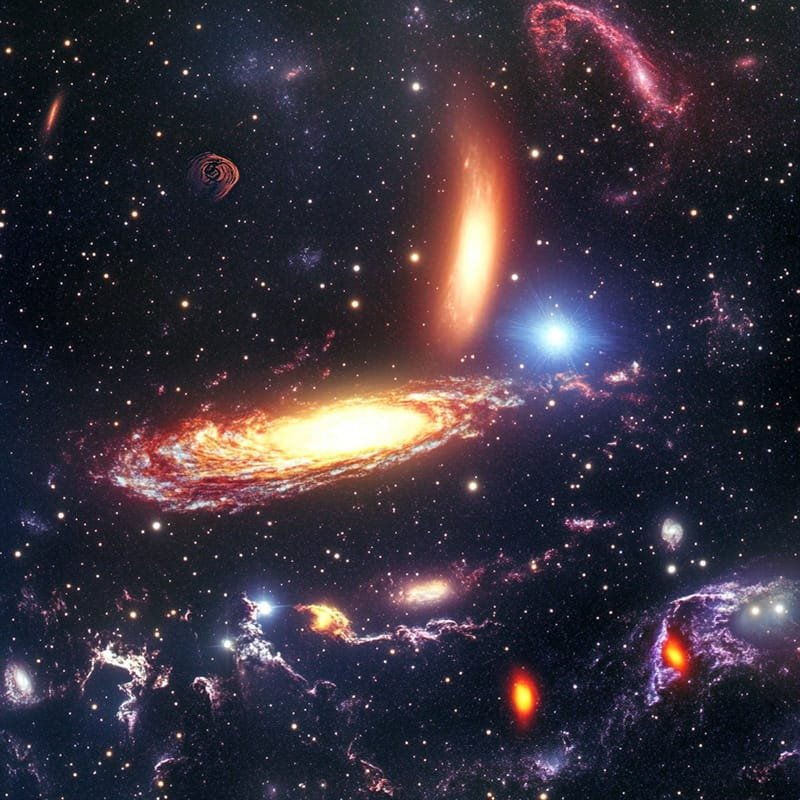 A vibrant cosmic scene with spiral galaxies, bright stars, and gas clouds scattered across space, creating a colorful and dynamic astronomical display.