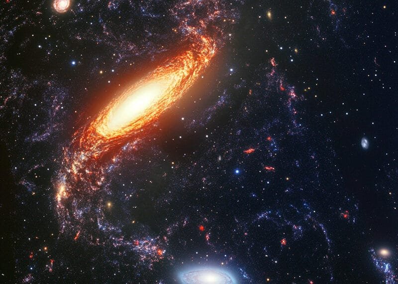 A vivid image of spiral galaxies in space. A central, bright galaxy glows orange against a dark starry background, with other smaller galaxies visible nearby.