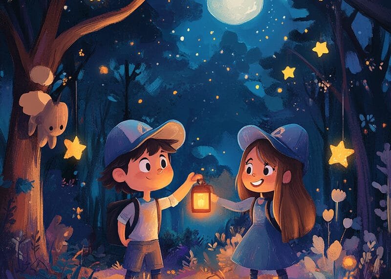 Two children in a forest at night holding a lantern, surrounded by glowing stars and a full moon's gentle gravity. A koala sits in a tree nearby. They wear matching hats and backpacks.