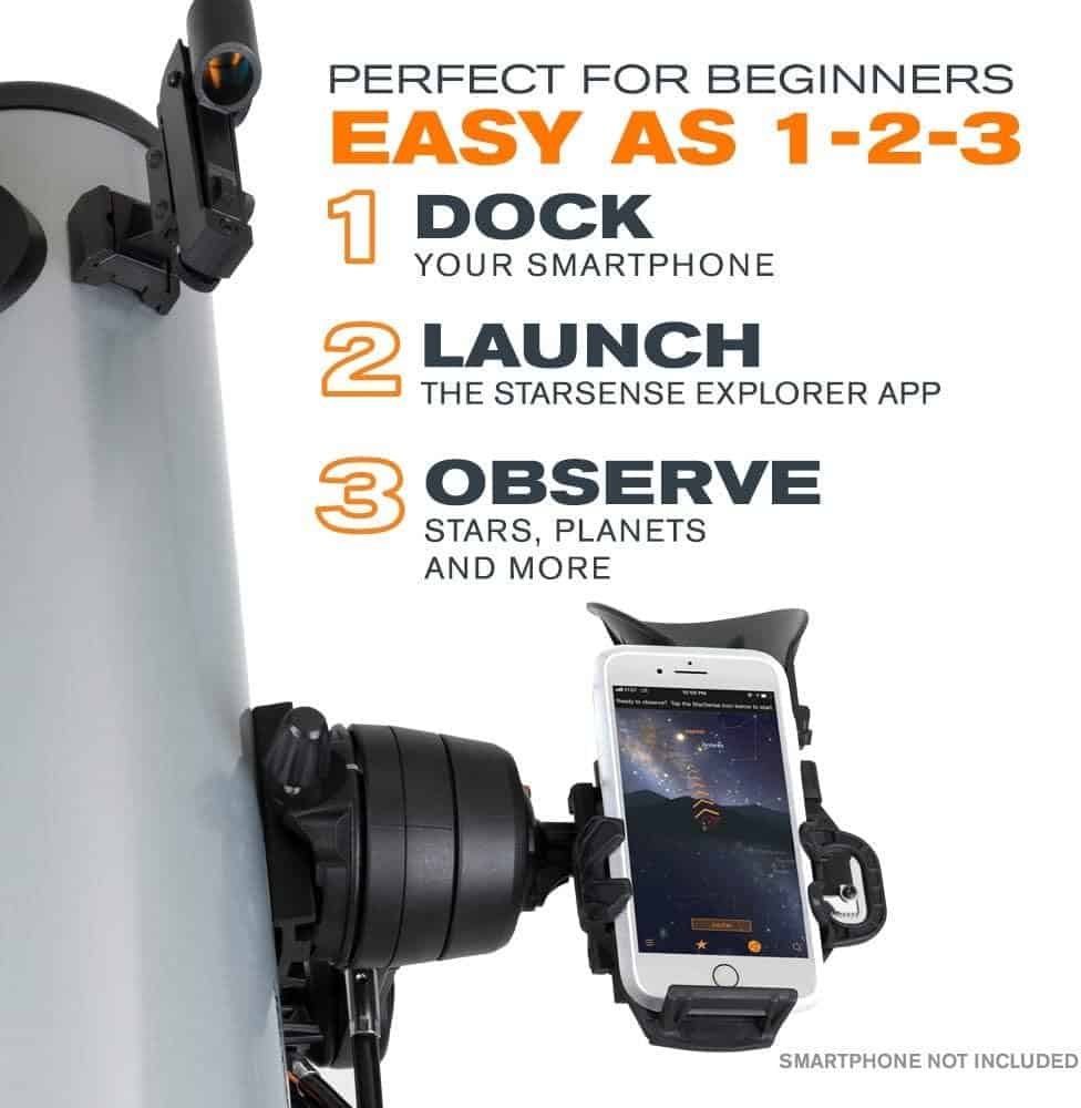 Telescope with a smartphone docked, showing astronomy app interface. Text: "Perfect for Beginners. Easy as 1-2-3: Dock, Launch, Observe." Smartphone not included.