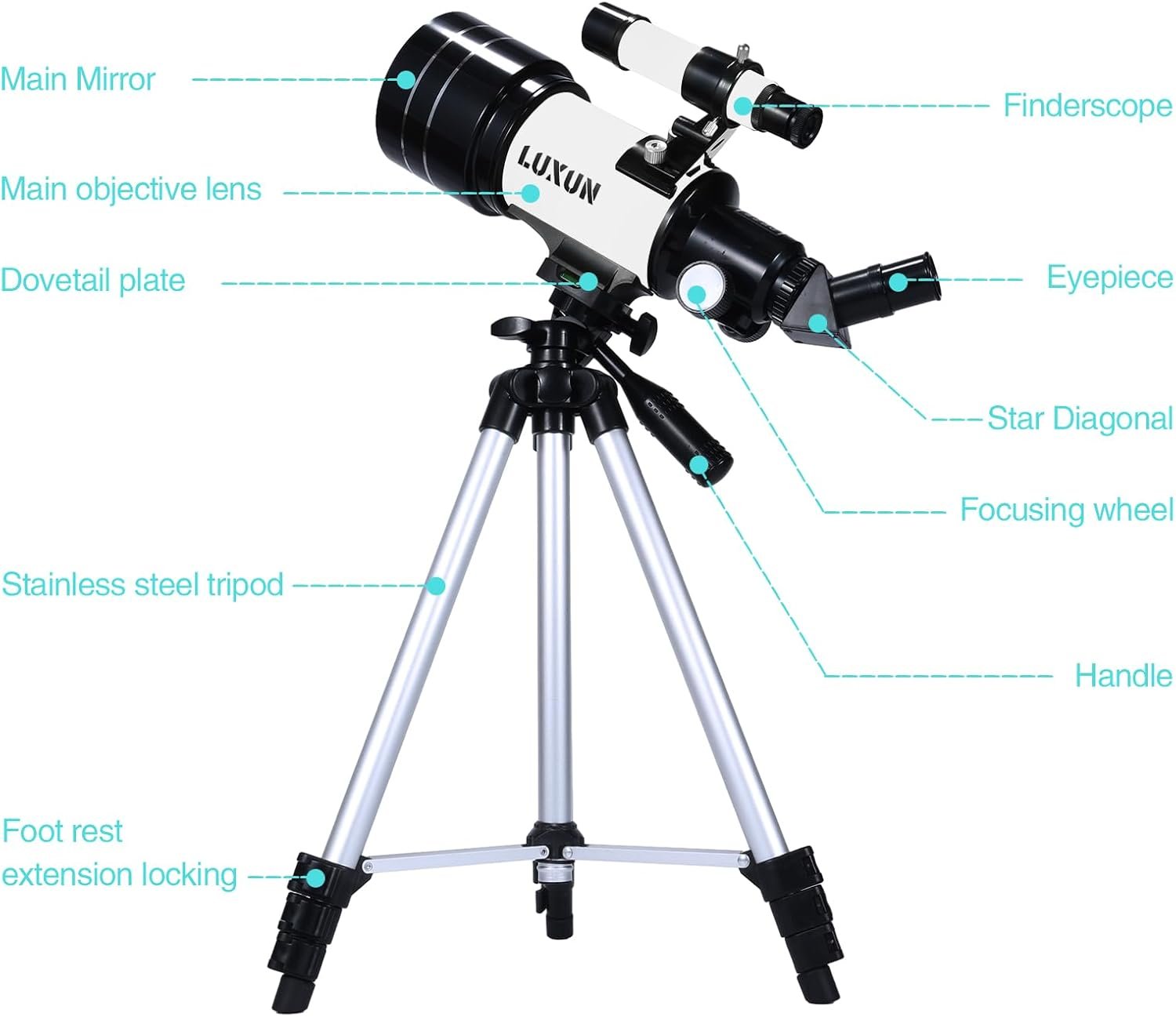 Diagram of a telescope with labels pointing to its components: main mirror, objective lens, dovetail plate, finderscope, eyepiece, star diagonal, focusing wheel, handle, tripod, and locking mechanism.