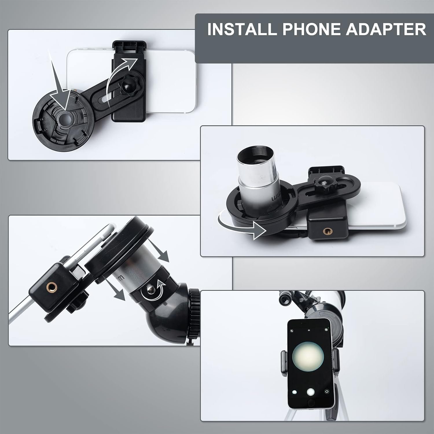Instructions for attaching a phone adapter to a telescope, showing multiple steps including aligning, securing, and viewing through the telescope lens with a smartphone.