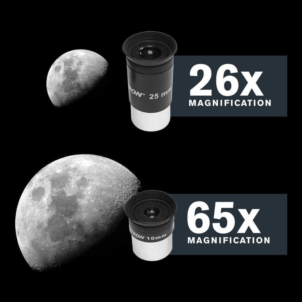 Comparative image showing the moon through telescopic lenses: top lens shows 26x magnification, and bottom lens shows 65x magnification.