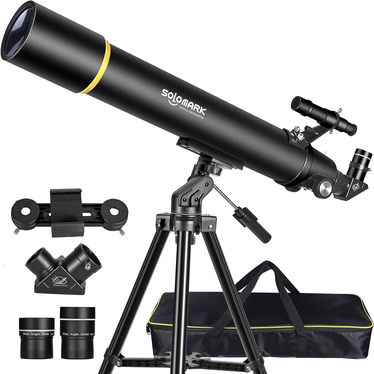 A black telescope on a tripod with additional lenses, a phone mount, and a carrying case nearby.