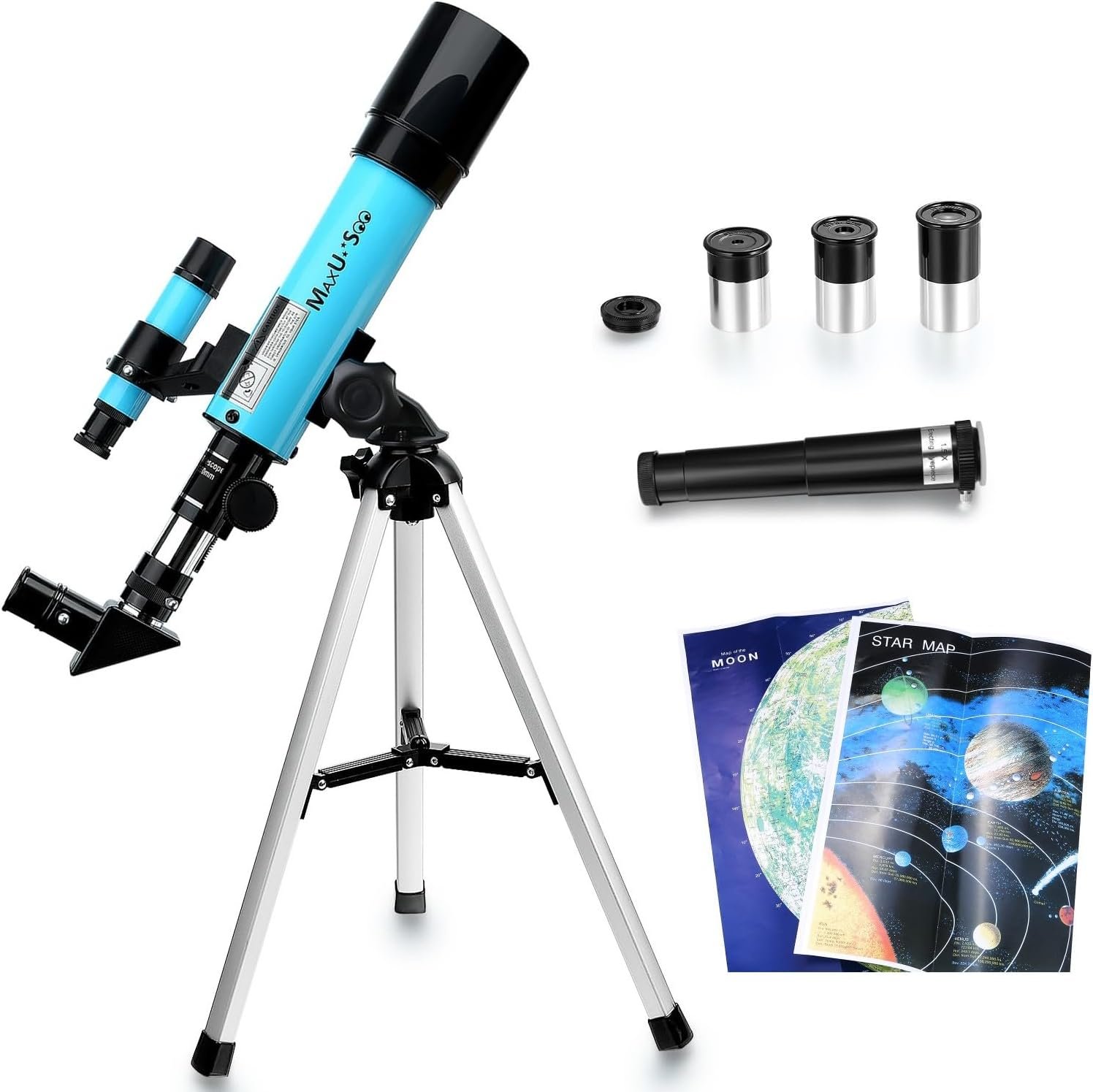 A blue telescope on a tripod with three eyepieces, a small scope, and two star maps displayed alongside.