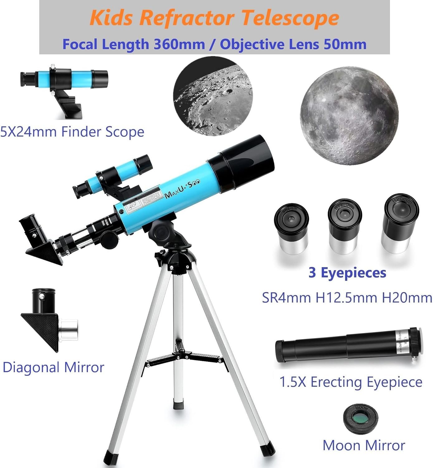 Kids refractor telescope with 360mm focal length and 50mm objective lens. Includes finder scope, diagonal mirror, three eyepieces, 1.5X erecting eyepiece, and moon mirror.
