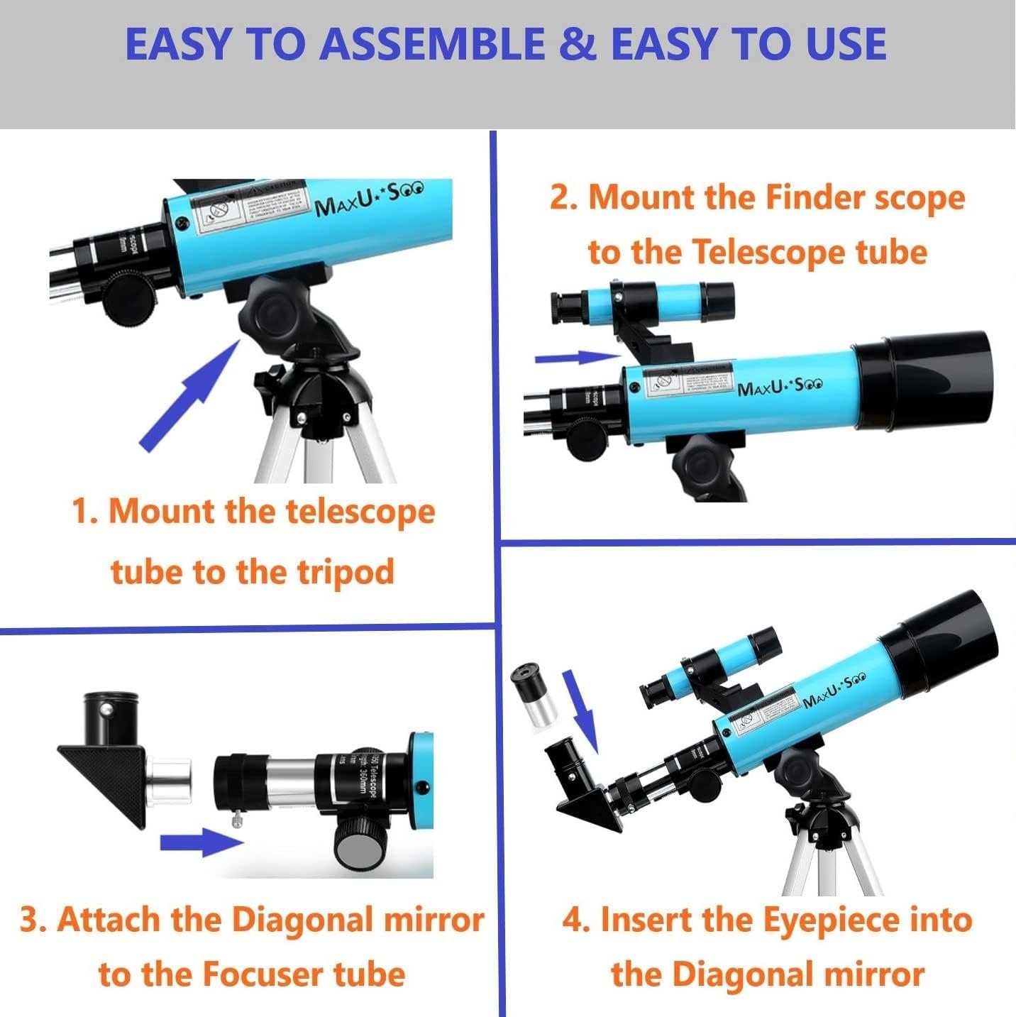 Instructions for assembling a telescope include mounting the telescope on a tripod, mounting the finder scope, attaching the diagonal mirror, and inserting the eyepiece.