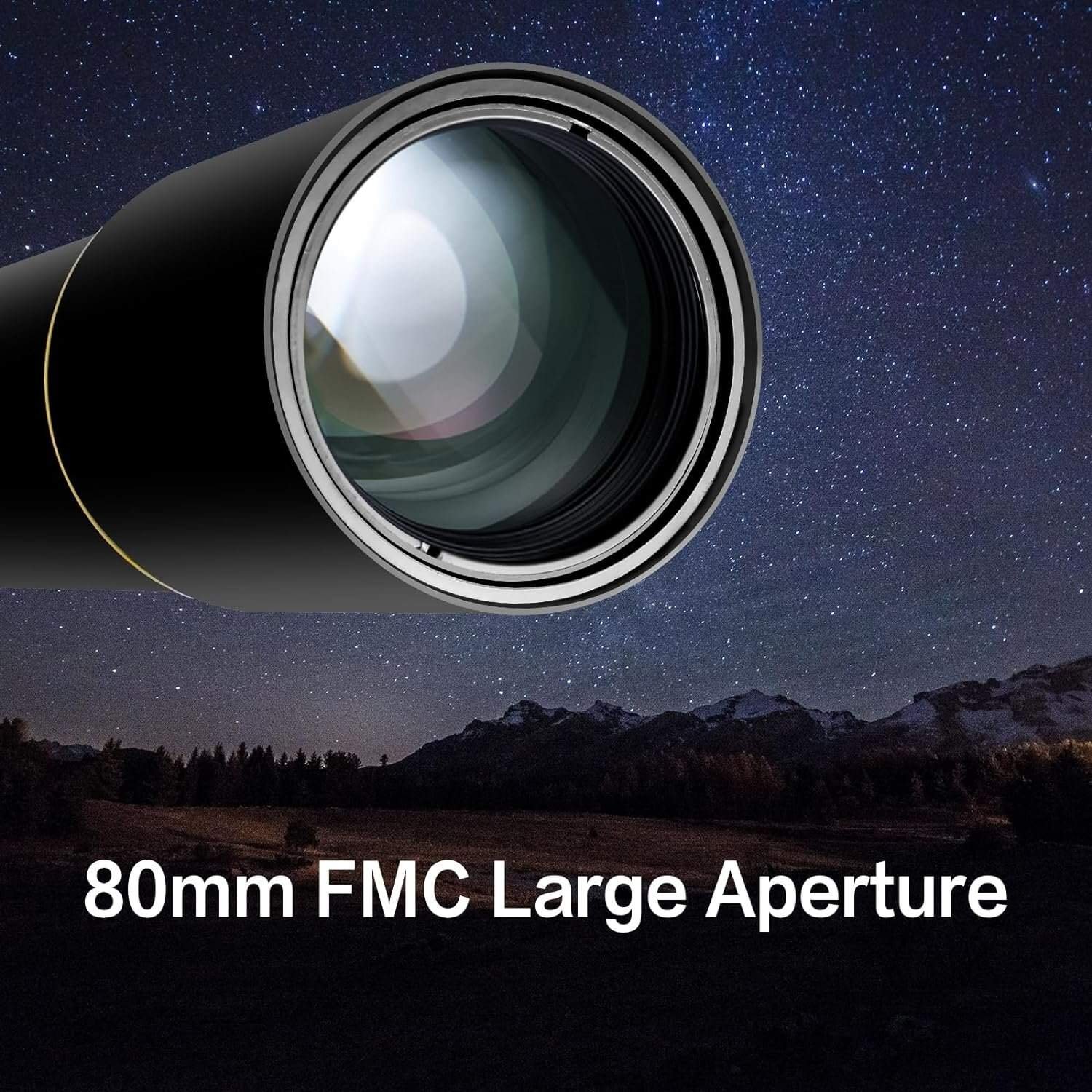 Close-up of a telescope lens labeled "80mm FMC Large Aperture" set against a starry night sky.
