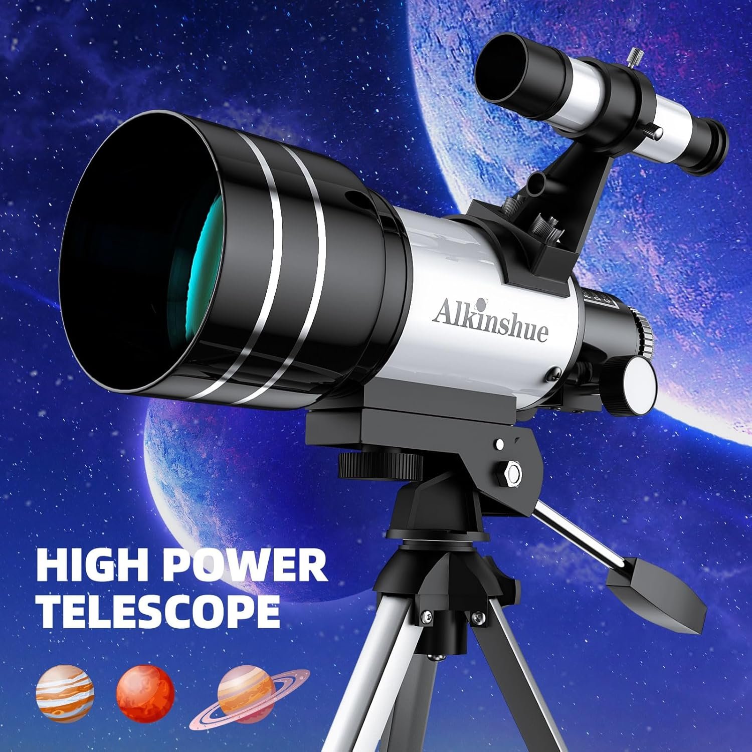 A silver and black telescope on a tripod is shown against a space-themed background with planets. Text reads: "High Power Telescope" and shows icons of Mars, Saturn, and Jupiter.