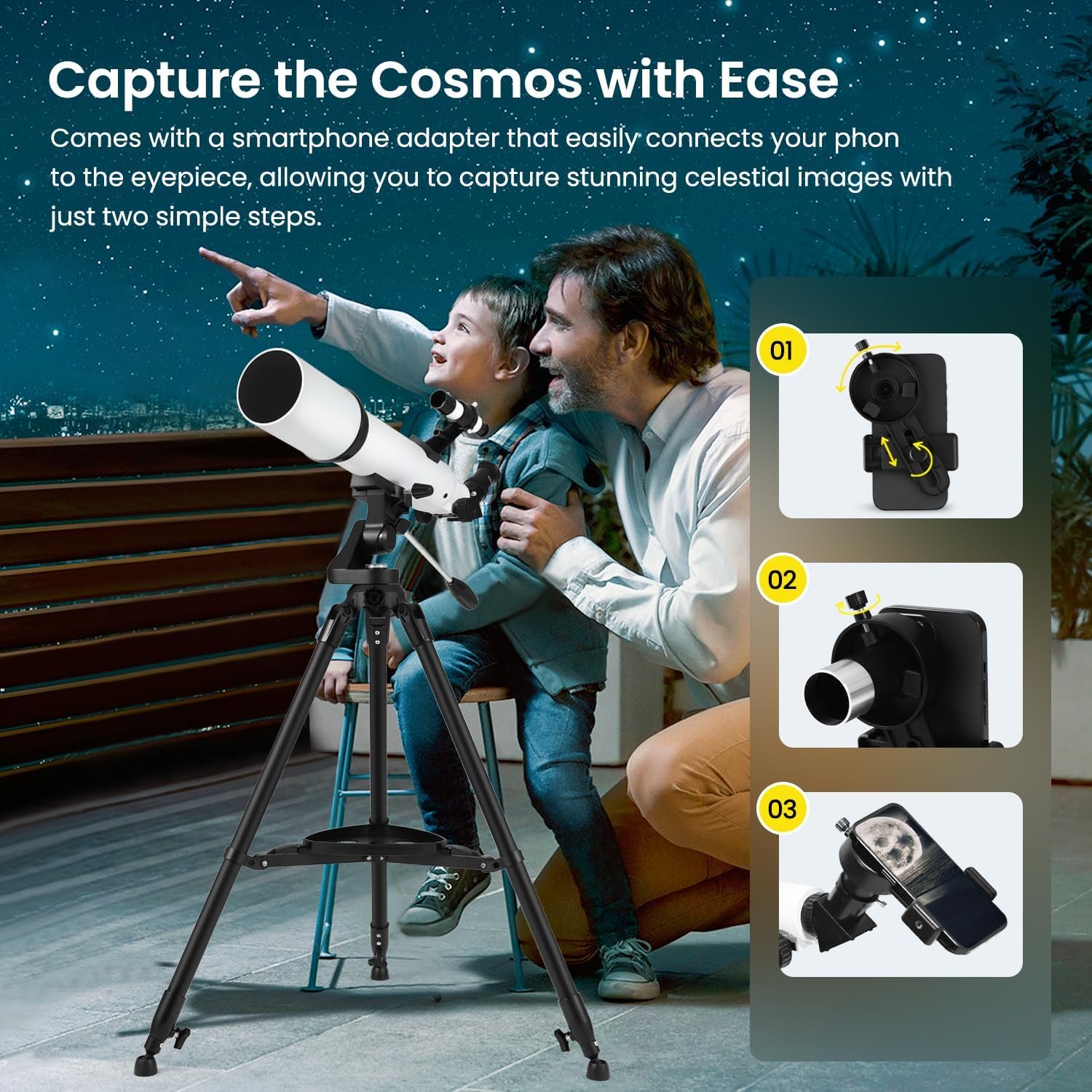 Man and child use a telescope on a balcony at night. Three images show a smartphone adapter connecting to the telescope for celestial photography in two steps.