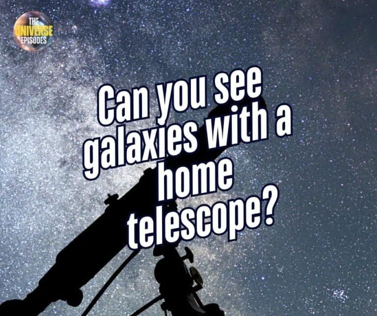 Silhouette of a telescope against a starry sky with text: "Discover the wonders of the universe. Can you see galaxies with a home telescope?.