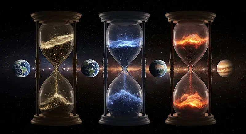 Tre clessidre piene di galassie simili a sabbia, disposte su uno sfondo di spazio, sono allineate accanto alla Terra e a un altro pianeta.