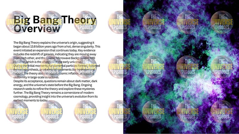 A lively cosmic backdrop with circle overlays displays "The Universe Episodes." To the left, text in black examines the Big Bang Theory, its history, and its importance in understanding how the universe began. Download "How did the universe begin?" for free insights via PDF.