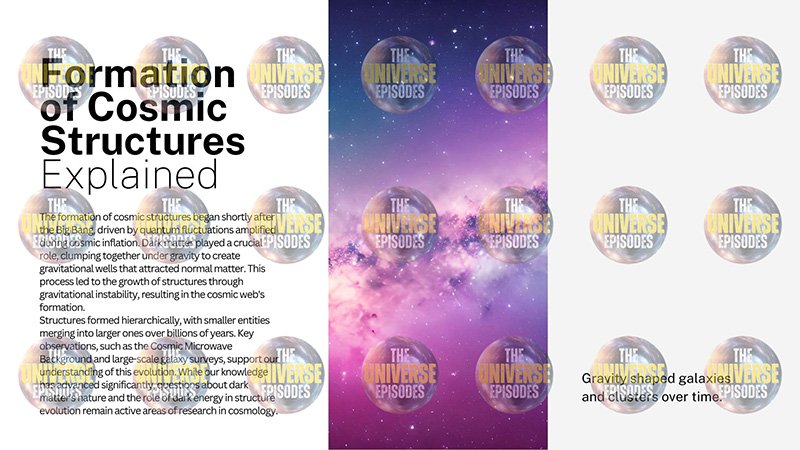 Infographic titled "How did the universe begin?" set against a cosmic backdrop. It begins with galaxy formation, explores gravitational hierarchy, and unravels universe mysteries. Available for free PDF download.