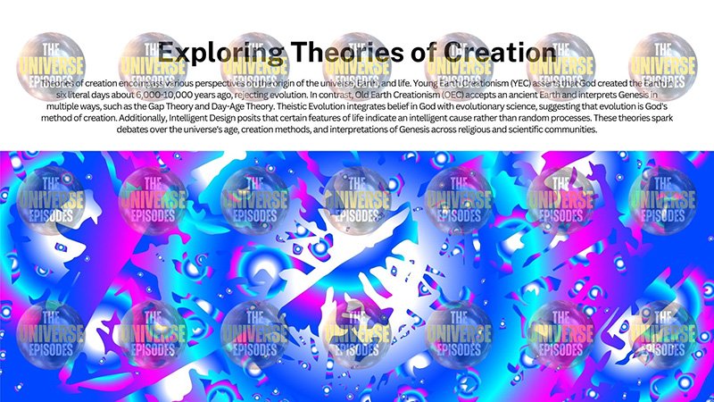 A blue and purple abstract design features overlapping circles labeled "The Universe Episodes," with text on creation theories starting above. Available as a PDF: "How did the universe begin? | Free PDF File download.