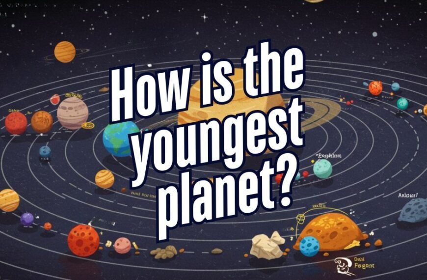 Illustration of the solar system with planets labeled. A large text reads, "How is the youngest planet?.