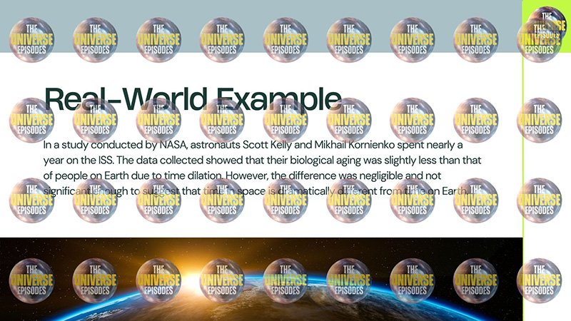 Text-covered background featuring Earth and space. Text discusses a NASA study on astronauts Scott Kelly and Mikhail Kornienko, highlighting biological aging and negligible time dilation effects.