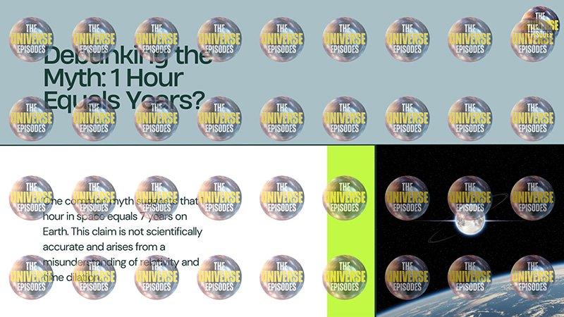 Image with multiple circles labeled "The Universe Episodes" on a background that discusses the myth "1 Hour Equals 7 Years?" and debunks it as a misunderstanding of relativity.