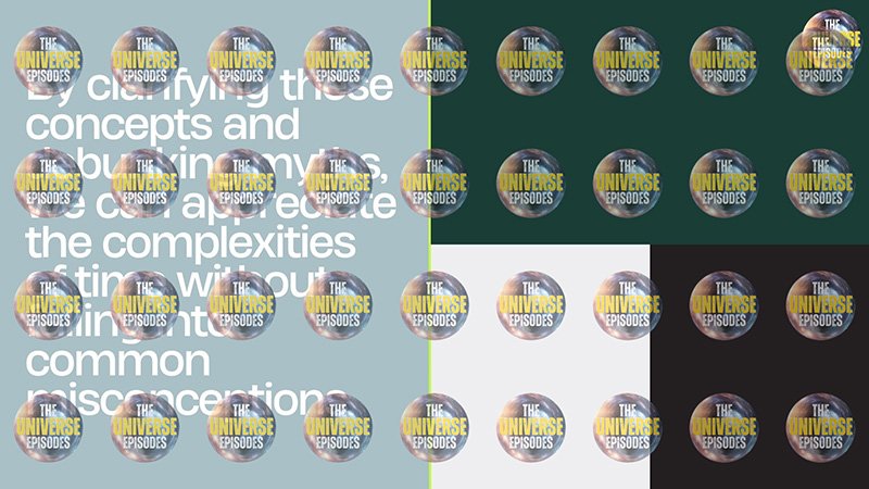 Grid of circular logos reading "The Universe Episodes" on various colored backgrounds with text partially visible on the left side.